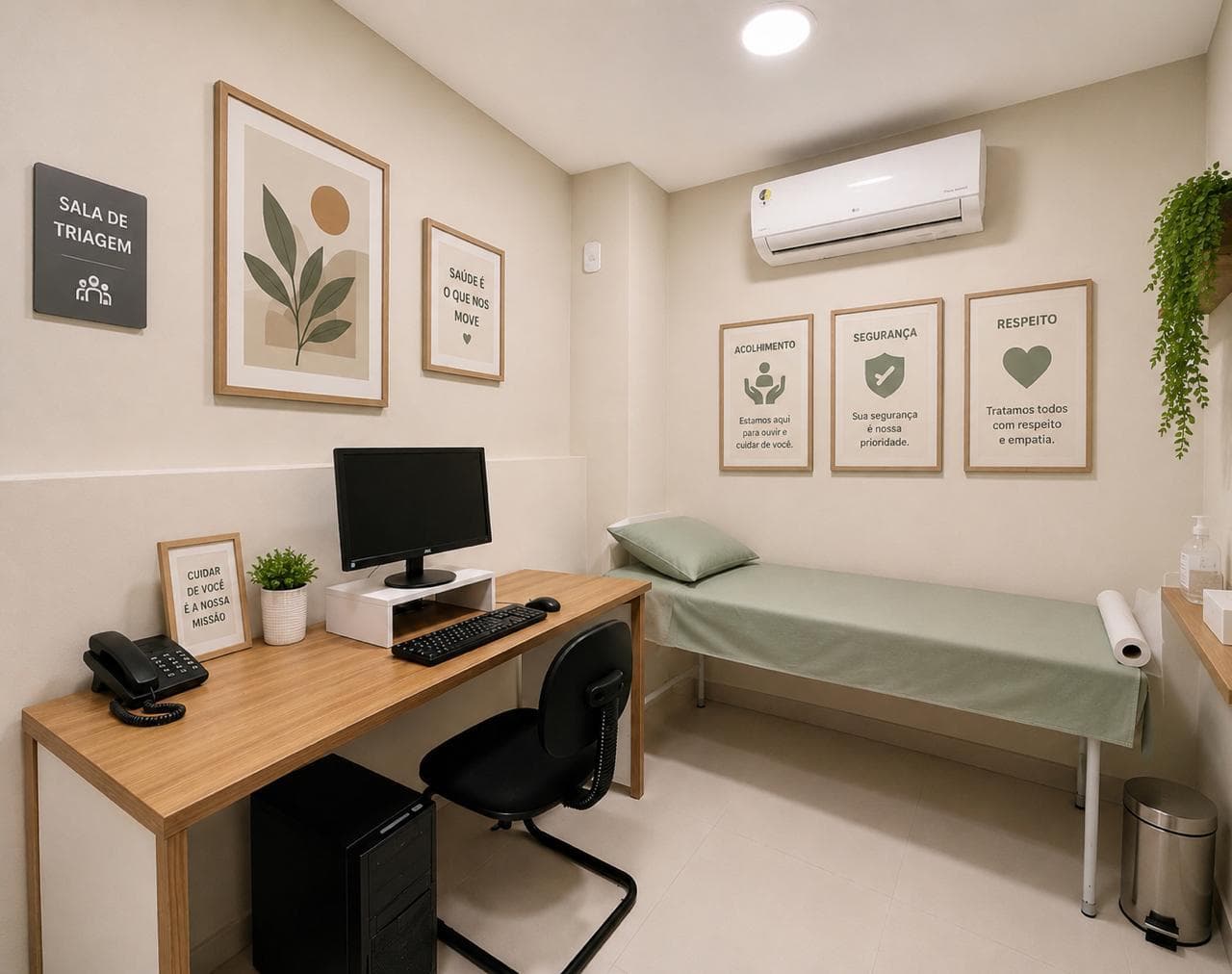 Consultório médico com escrivaninha e maca